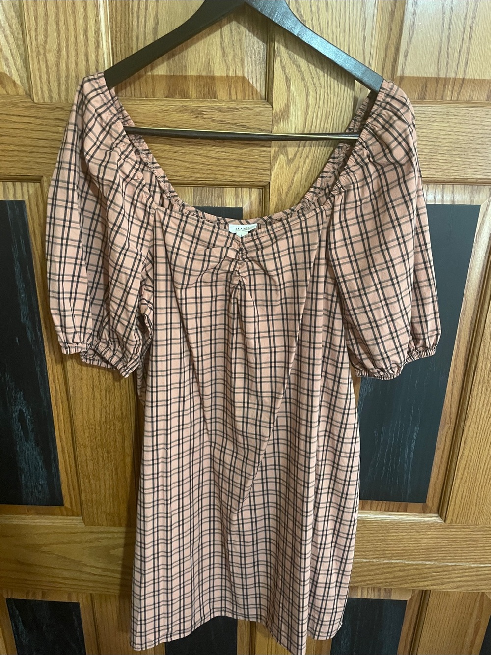 A.N.A. Dark Orange/Black Plaid Off-Shoulder Puff Sleeve Dress
